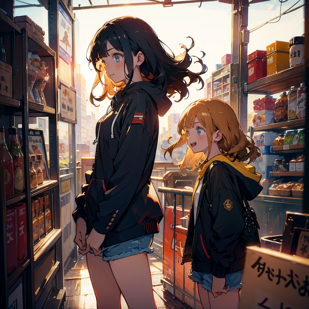 (masterpiece), (high resolution 8K), professional illustration, 1 girl, late teenage, standing, long shot, dutch angle, , blazer, hoody, shorts, medium hair, happy laughing, looking away, cafe in Tokyo, morning, natural lighting, high contrast, stunning face, symmetrical clear eyes, detailed eyes and face