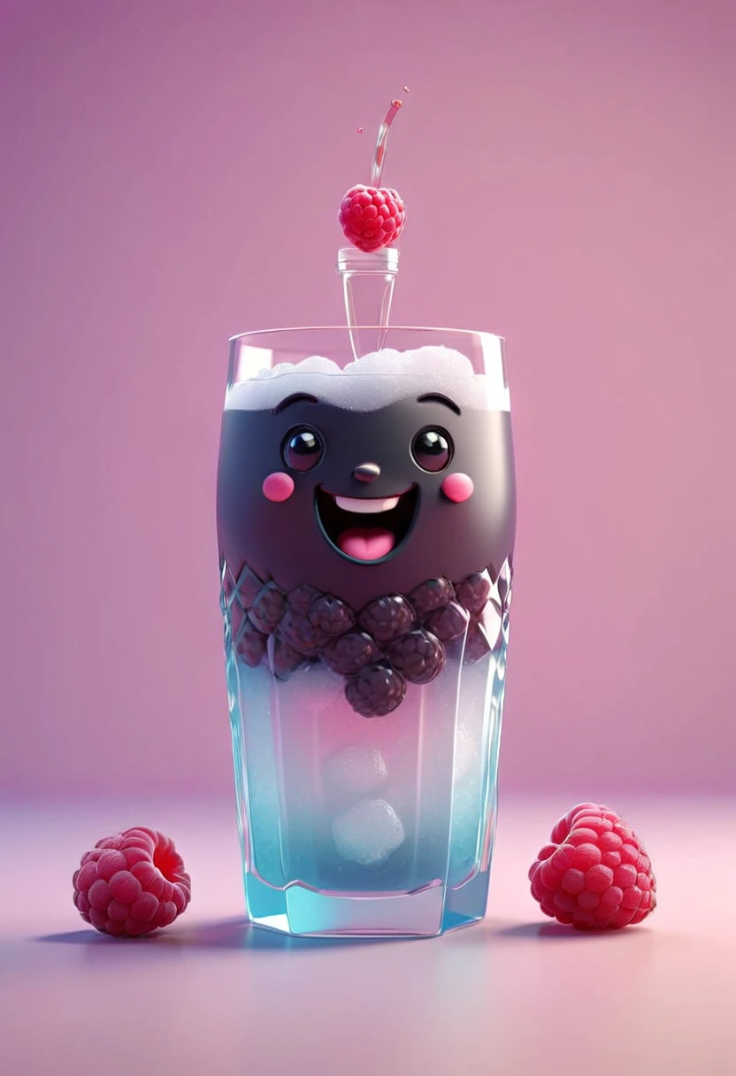 3D Isometric, Blender Rendering, Soft colors,  A cute little black vodka is smiling, Raspberries and ice in the background Two-tone lighting, Abstract geometric gradient, geometric shapes, Simple Background