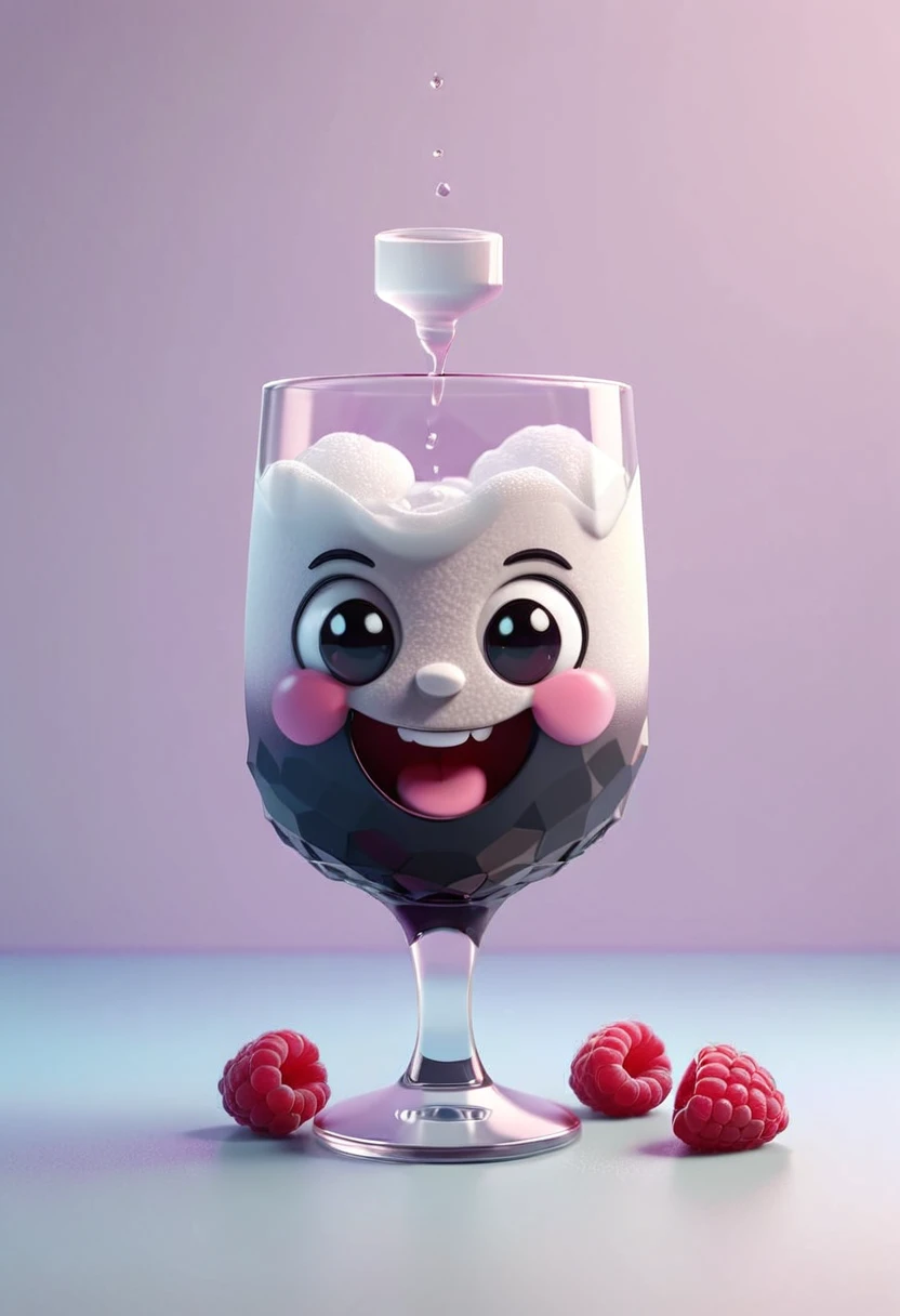 3D Isometric, Blender Rendering, Soft colors,  A cute little black vodka is smiling, Raspberries and ice in the background Two-tone lighting, Abstract geometric gradient, geometric shapes, Simple Background