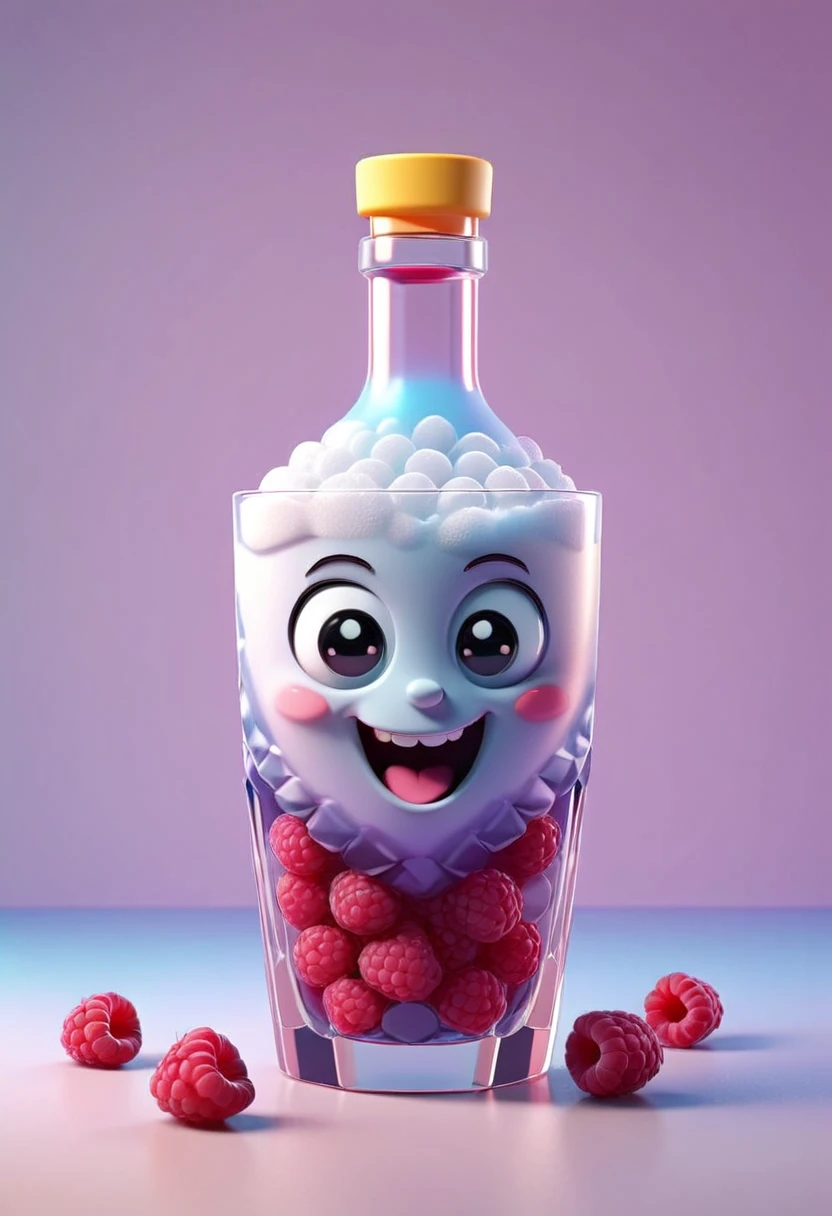 3D Isometric, Blender Rendering, Soft colors, A cute little black vodka is smiling, Raspberries and ice in the background Two-tone lighting, Abstract geometric gradient, geometric shapes, Simple Background