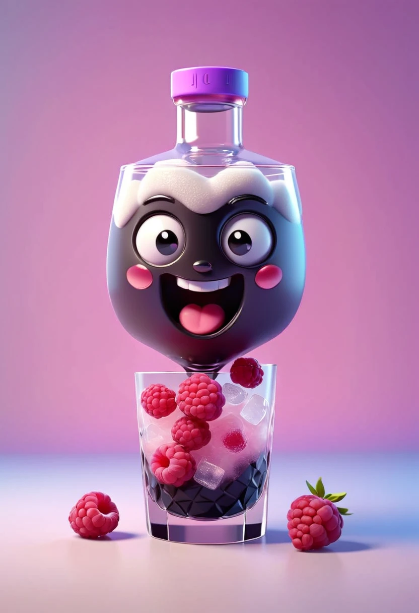3D Isometric, Blender Rendering, Soft colors, A cute little black vodka is smiling, Raspberries and ice in the background Two-tone lighting, Abstract geometric gradient, geometric shapes, Simple Background