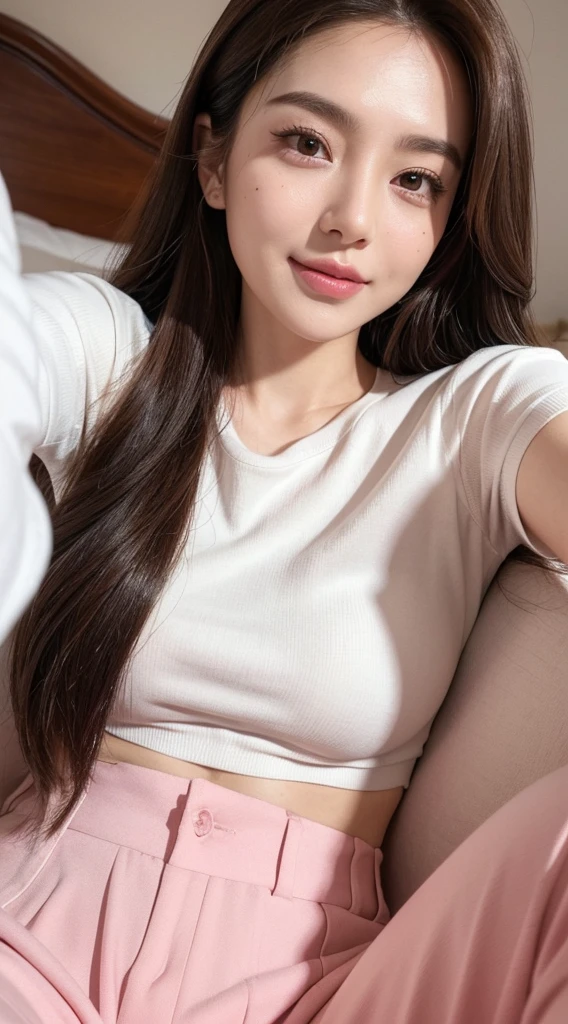 Woman looking at camera、Beauty、no makeup、No makeup、Take a selfie with your phone、close up of face、influencer、Instagram、on the bed
A photo of a woman, brown straight hair, hair between eyebrows, brown long hair, mole on left cheek, white shirt, pink long pants. Pink lips. Veri beautiful woman, smile,