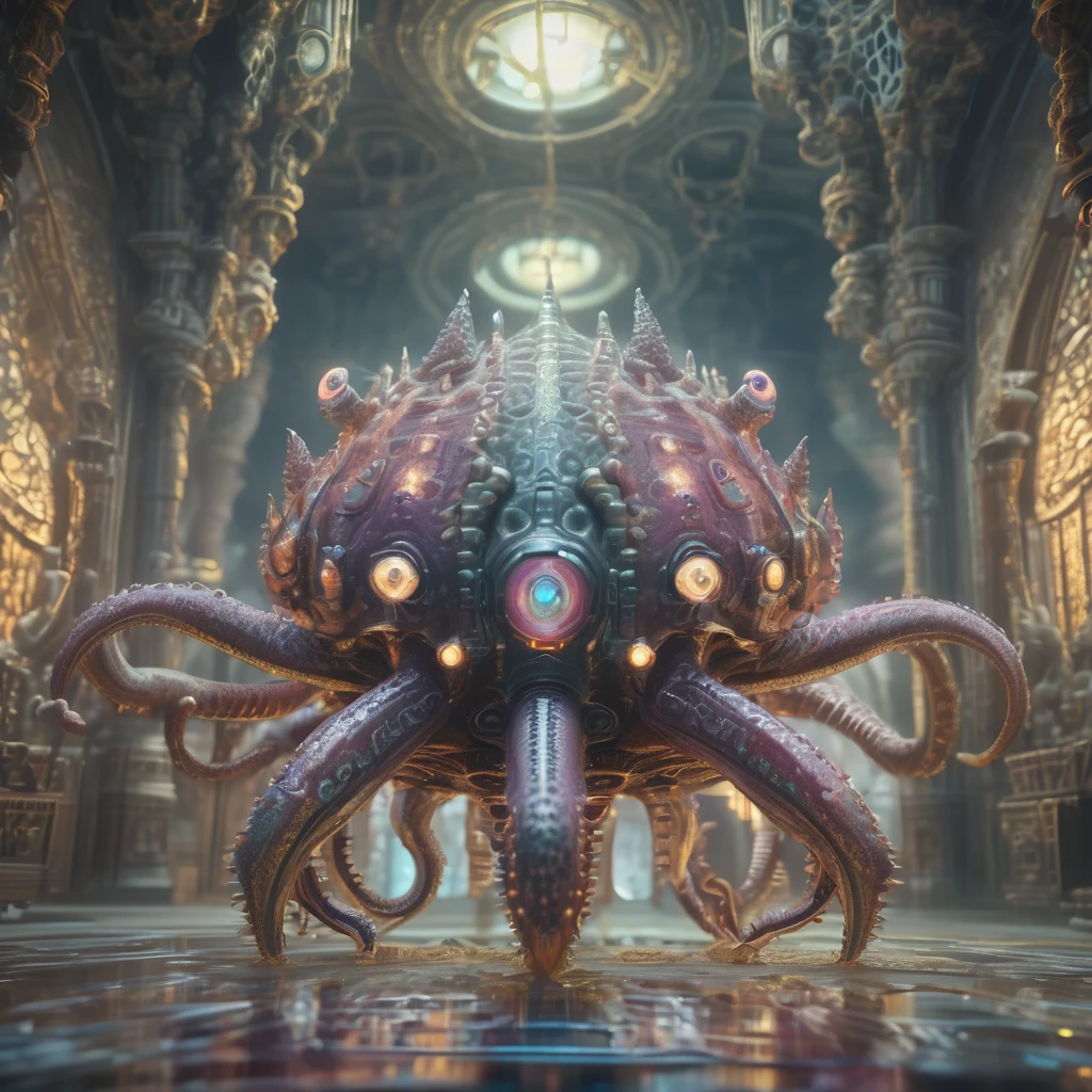 Tiny Vibrant Anomalous Industrial Serpentine, Octopod Single-Armed, Hoofed, Spiked-Tailed, Transparent Skin, Toothless Mouth Byzantine Art, Cyber-occultism, Grand, Subsurface Reflections, id Tech engine, Baroque, Digital Illustration, Photorealistic, , Depth of Field (DOF), Clear Visuals, UHD, Groundbreaking,