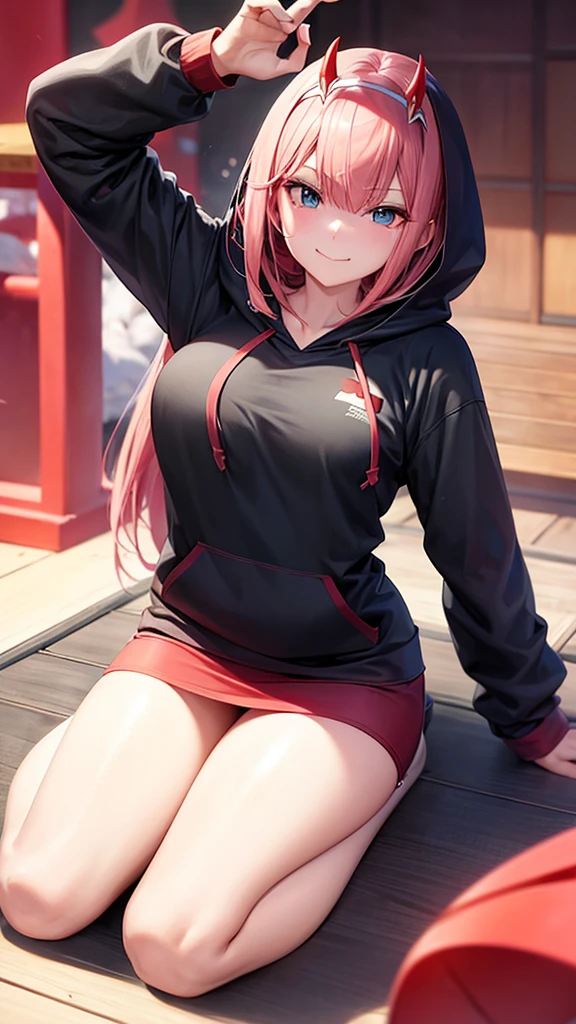 Character: Zero two, anime: darling in the franxx, adult body, happy face, In Japan, Wearing a black hoodie