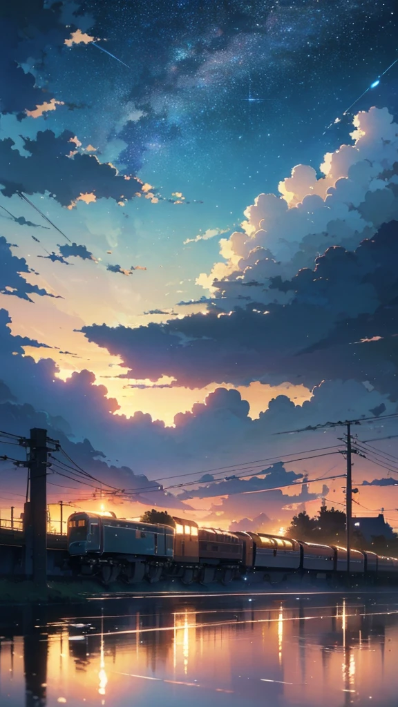 High quality masterpiece, landscape, Animated train passing through water on the tracks, Bright starry sky. break Romantic train, Pixiv, Concept Art, Lofi Art style, reflection. by Makoto Shinkai, Lofi Art, Beautiful anime scene, break Anime landscape, detailedなlandscape —幅672, in Makoto Shinkai's Style, Makoto Shinkai's Style, 強化されたdetailed, break,detailed,Realistic,4K の非常にdetailedなデジタルアート,Octane Rendering, Bioluminescent, break 8K resolution Concept Art, realism,Mappa Studio,masterpiece,Highest quality,Official Art,figure,Clear lines,(nice_color),Perfect composition,Absurd, Fantasy,Concentration,Three-part method