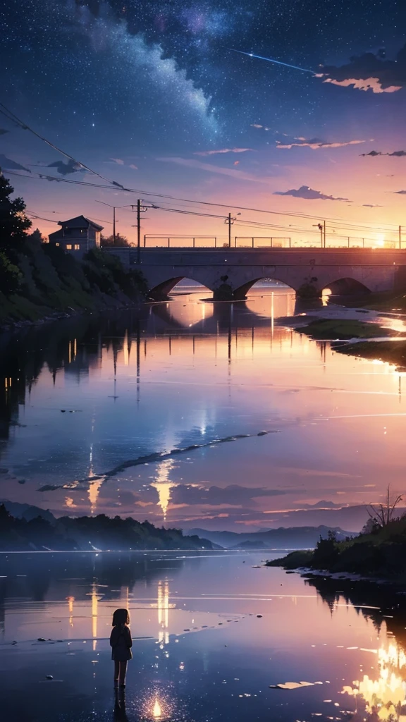 High quality masterpiece, landscape, Animated train passing through water on the tracks, Bright starry sky. break Romantic train, Pixiv, Concept Art, Lofi Art style, reflection. by Makoto Shinkai, Lofi Art, Beautiful anime scene, break Anime landscape, detailedなlandscape —幅672, in Makoto Shinkai&#39;s Style, Makoto Shinkai&#39;s Style, 強化されたdetailed, break,detailed,Realistic,4K の非常にdetailedなデジタルアート,Octane Rendering, Bioluminescent, break 8K resolution Concept Art, realism,Mappa Studio,masterpiece,Highest quality,Official Art,figure,Clear lines,(nice_color),Perfect composition,Absurd, Fantasy,Concentration,Three-part method