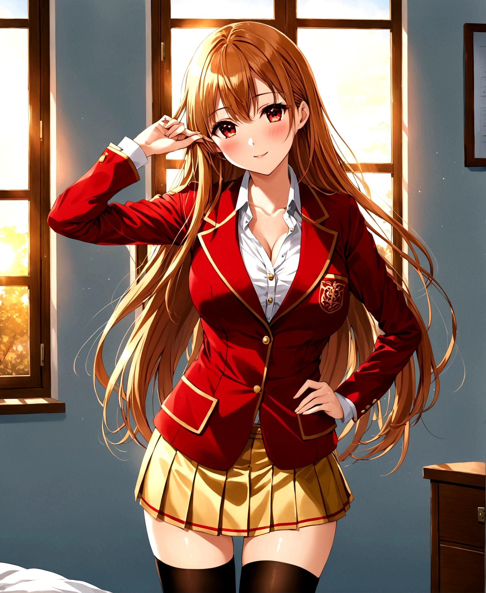 In a private school for women, a beautiful female student, in the dormitory, in her room, with her back to the door, stroking her hair with her fingers, winking, blushing, looking at the viewer, slightly hunched back, simple decoration, feminine atmosphere, sunset, sunlight penetrating through the window, /(extremely long straight hair, almond-shaped eyes, hourglass-shaped athletic body, large breasts, medium hip, medium waist, shapely legs, perfect fingers, Greek nose, perfect hands, triangular face,), /(uniform: white V-neck blouse long sleeve, gold pleated mini skirt, crimson red satin blazer with gold buttons, silver thigh-high stockings held up by garters,),
