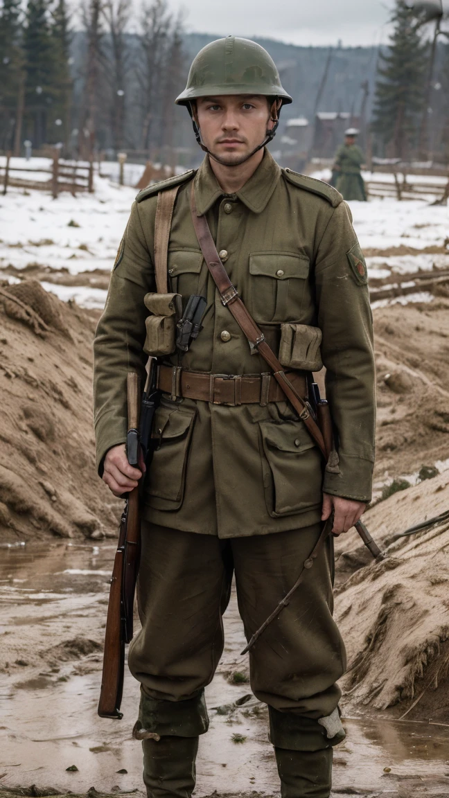 (masterpiece), best quality, expressive eyes, perfect face, All quiet on eastern Front, man, sandbags, dirty snowy, dark green uniform, realistic, HD, Rifle, Russian empire, Russian Slavic man, visor hat, Tannenberg, imperial, full body, shawl