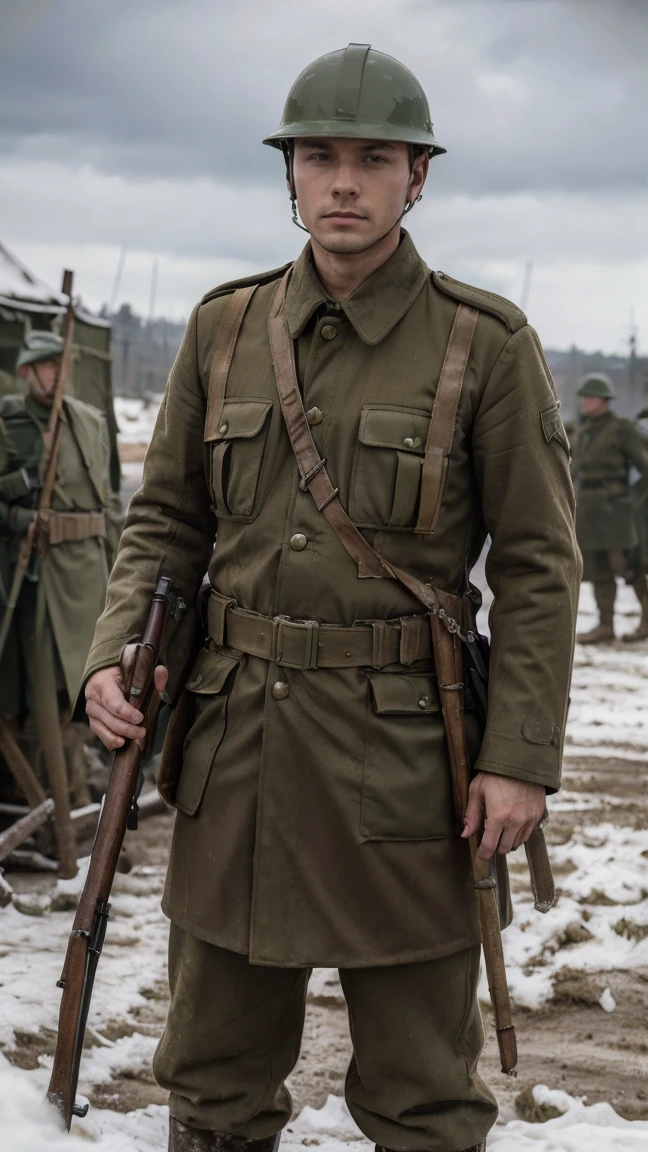 (masterpiece), best quality, expressive eyes, perfect face, All quiet on eastern Front, man, sandbags, dirty snowy, dark green uniform, realistic, HD, Rifle, Russian empire, Russian Slavic man, visor hat, Tannenberg, imperial, full body, shawl