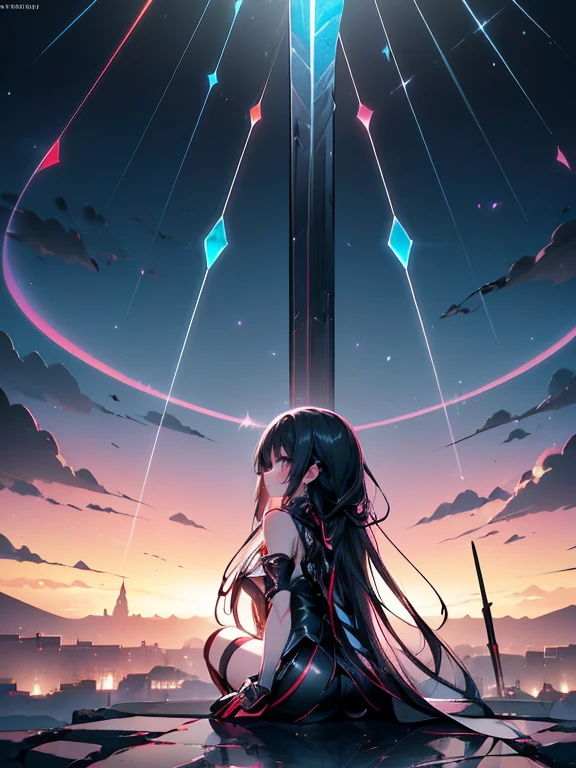 Akame ga kill, Akame, Sitting on a wall, with your black katana on the floor, black eye sclera, scarlet eye iris, (Ultra-realistic), {extremely detailed 8k CG unity wallpaper}, expansive landscape photography, (a view from below that prioritizes the character and scene above, (wide open field view), (Low-angle photo), (destacados: 1.5), (low light: 1.2), (Warm Light Source: 1.4), complexdetails, (Iridescent Colors: 1.5), (Bright lighting), (atmospheric lighting), Dreamers, Akame ga kill