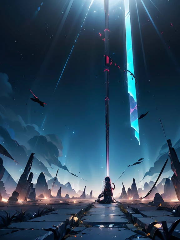 Akame ga kill, Akame, Sitting on a wall, with your black katana on the floor, black eye sclera, scarlet eye iris, (Ultra-realistic), {extremely detailed 8k CG unity wallpaper}, expansive landscape photography, (a view from below that prioritizes the character and scene above, (wide open field view), (Low-angle photo), (destacados: 1.5), (low light: 1.2), (Warm Light Source: 1.4), complexdetails, (Iridescent Colors: 1.5), (Bright lighting), (atmospheric lighting), Dreamers, Akame ga kill