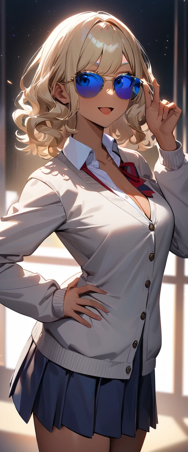 (((One girl))), ((tanned skin:1.3)), blond hair, inwardly curled hair, ((sunglasses, hand to sunglasses)), open mouth, stick out tongue, ((one hand on hip)), ((bob cut:1.3, wavy hair)), full makeup, Eyeshadow, Mascara, breasts, (cowboy shot), standard body, (looking at viewer), collarbone, ((cardigan)), ((((school winter uniform, white unbuttoned shirt, skirt)))), (open collar), ((sleeves past wrists)), teenager, head tilt:1.3, (((blue eye))), ((happy smile)), (((anime style))), (best quality, 4k, 8k, highres, masterpiece:1.2, ultra-detailed, ultra-detailed eyes, HDR, UHD, studio lighting, ultra-fine painting, sharp focus, physically-based rendering, extreme detail description, professional, vivid colors, bokeh), ((Highest quality, Best image quality, Ultra-high resolution, Ultra-high resolution, solo, Strong eye highlights)), Depth of written boundary, Natural soft light, attractive, Beautiful Face, Cleanliness, Pure Face, nedium chest, Beautiful Face, Perfect Fingers, Perfect hands, Perfect body, Perfect Face, Shine a light into your eyes, Perfect Anatomy
