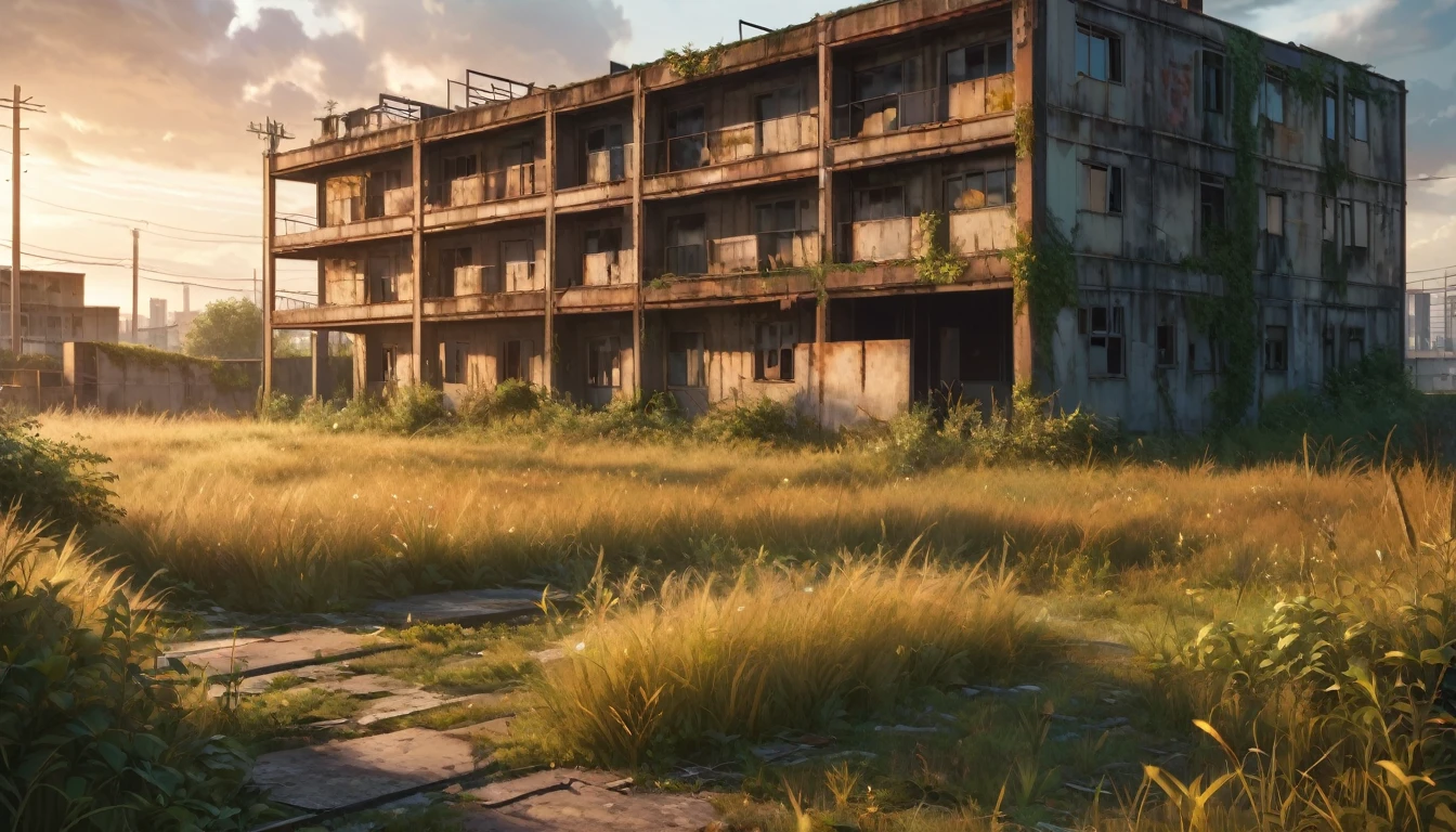 a vast empty grassy field,abandoned urban landscape,dilapidated buildings in the background,overgrown with weeds and vegetation,cracked concrete,rusted fences,cloudy sky,warm golden hour lighting,(best quality,4k,8k,highres,masterpiece:1.2),ultra-detailed,(realistic,photorealistic,photo-realistic:1.37),cinematic composition,moody and atmospheric,desolate and melancholic