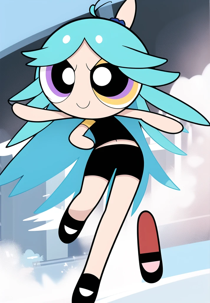 blue hair, long hair, smile, chibi, full body,1girl, yellow eyes , Black short-sleeved shirt showing off your stomach, black shorts