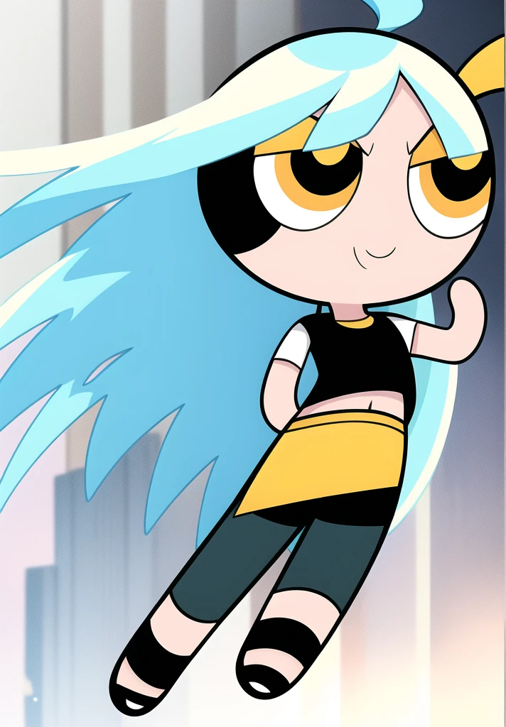 blue hair, long hair, smile, chibi, full body,1girl, yellow eyes , Black short-sleeved shirt showing off your stomach, black shorts