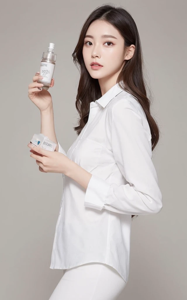 1. For women, Beautiful female model holding cosmetic bottle in hand, Wearing a white shirt, The model&#39;s skin is healthy and clear, Cosmetic bottles also shine luxuriously, skin care, flower, Cosmetics Commercial Photography, Clean atmosphere, In the Studio, Photographed with a Hasselblad camera, Medium format, Dramatic lighting, Luxury brand cosmetics