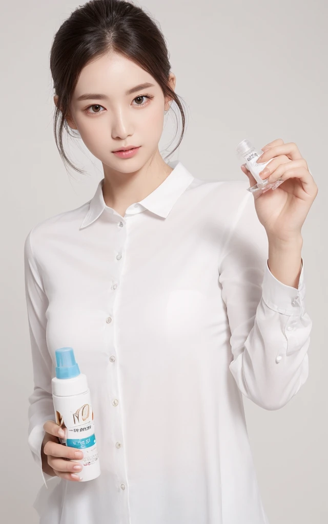 1. For women, Beautiful female model holding cosmetic bottle in hand, Wearing a white shirt, The model's skin is healthy and clear, Cosmetic bottles also shine luxuriously, skin care, flower, Cosmetics Commercial Photography, Clean atmosphere, In the Studio, Photographed with a Hasselblad camera, Medium format, Dramatic lighting, Luxury brand cosmetics