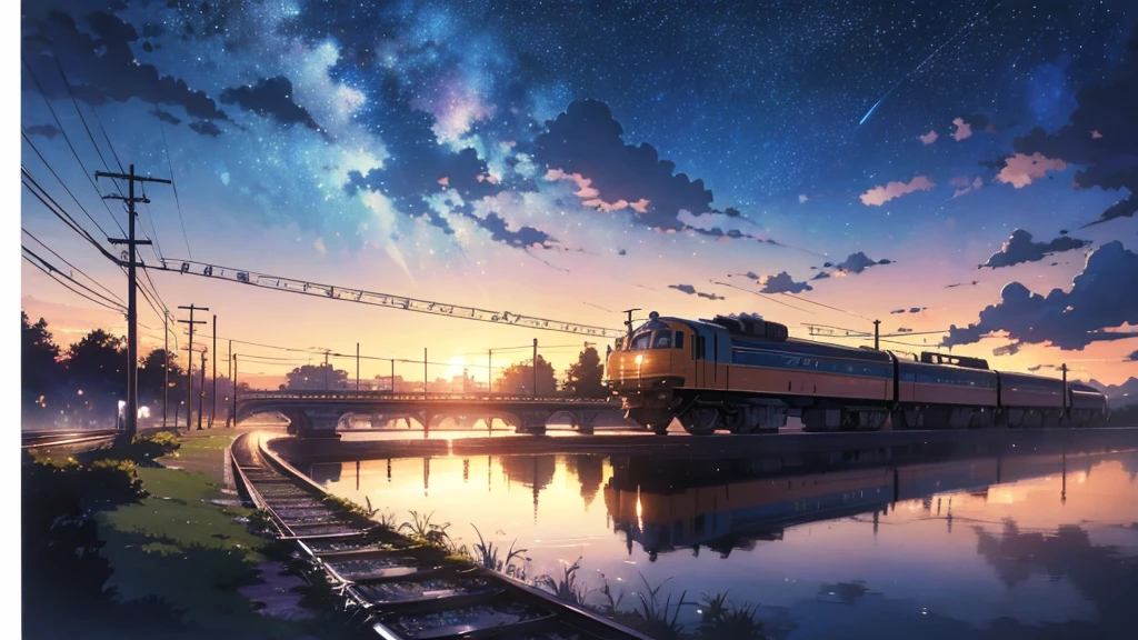High quality masterpiece, landscape, Animated train passing through water on the tracks, Bright starry sky. break Romantic train, Pixiv, Concept Art, Lofi Art style, reflection. by Makoto Shinkai, Lofi Art, Beautiful anime scene, break Anime landscape, detailedなlandscape —幅672, in Makoto Shinkai's Style, Makoto Shinkai's Style, 強化されたdetailed, break,detailed,Realistic,4K の非常にdetailedなデジタルアート,Octane Rendering, Bioluminescent, break 8K resolution Concept Art, realism,Mappa Studio,masterpiece,Highest quality,Official Art,figure,Clear lines,(nice_color),Perfect composition,Absurd, Fantasy,Concentration,Three-part method