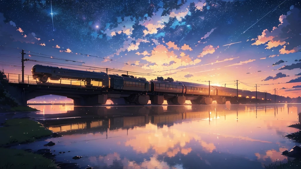 High quality masterpiece, landscape, Animated train passing through water on the tracks, Bright starry sky. break Romantic train, Pixiv, Concept Art, Lofi Art style, reflection. by Makoto Shinkai, Lofi Art, Beautiful anime scene, break Anime landscape, detailedなlandscape —幅672, in Makoto Shinkai's Style, Makoto Shinkai's Style, 強化されたdetailed, break,detailed,Realistic,4K の非常にdetailedなデジタルアート,Octane Rendering, Bioluminescent, break 8K resolution Concept Art, realism,Mappa Studio,masterpiece,Highest quality,Official Art,figure,Clear lines,(nice_color),Perfect composition,Absurd, Fantasy,Concentration,Three-part method