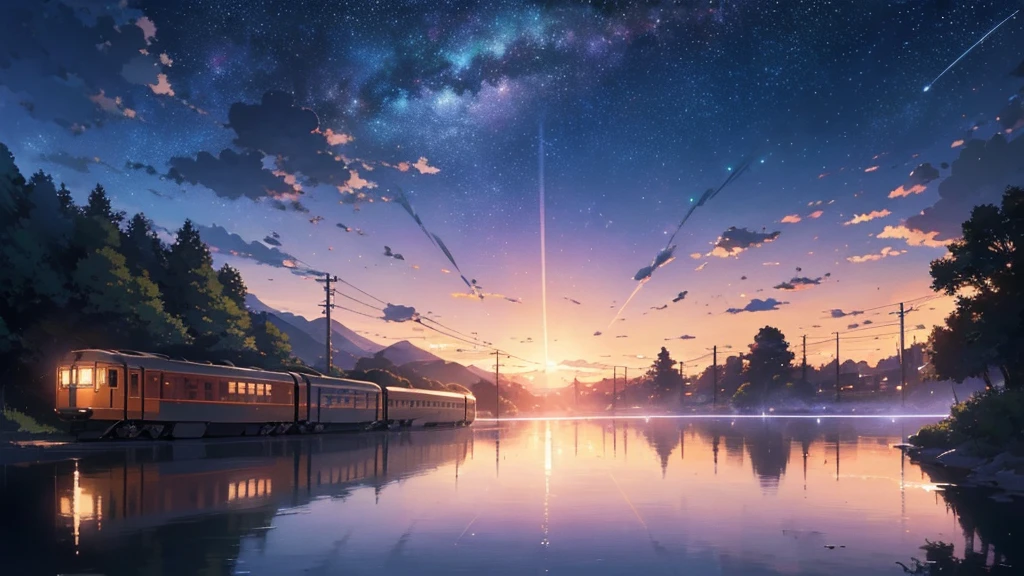High quality masterpiece, landscape, Animated train passing through water on the tracks, Bright starry sky. break Romantic train, Pixiv, Concept Art, Lofi Art style, reflection. by Makoto Shinkai, Lofi Art, Beautiful anime scene, break Anime landscape, detailedなlandscape —幅672, in Makoto Shinkai's Style, Makoto Shinkai's Style, 強化されたdetailed, break,detailed,Realistic,4K の非常にdetailedなデジタルアート,Octane Rendering, Bioluminescent, break 8K resolution Concept Art, realism,Mappa Studio,masterpiece,Highest quality,Official Art,figure,Clear lines,(nice_color),Perfect composition,Absurd, Fantasy,Concentration,Three-part method