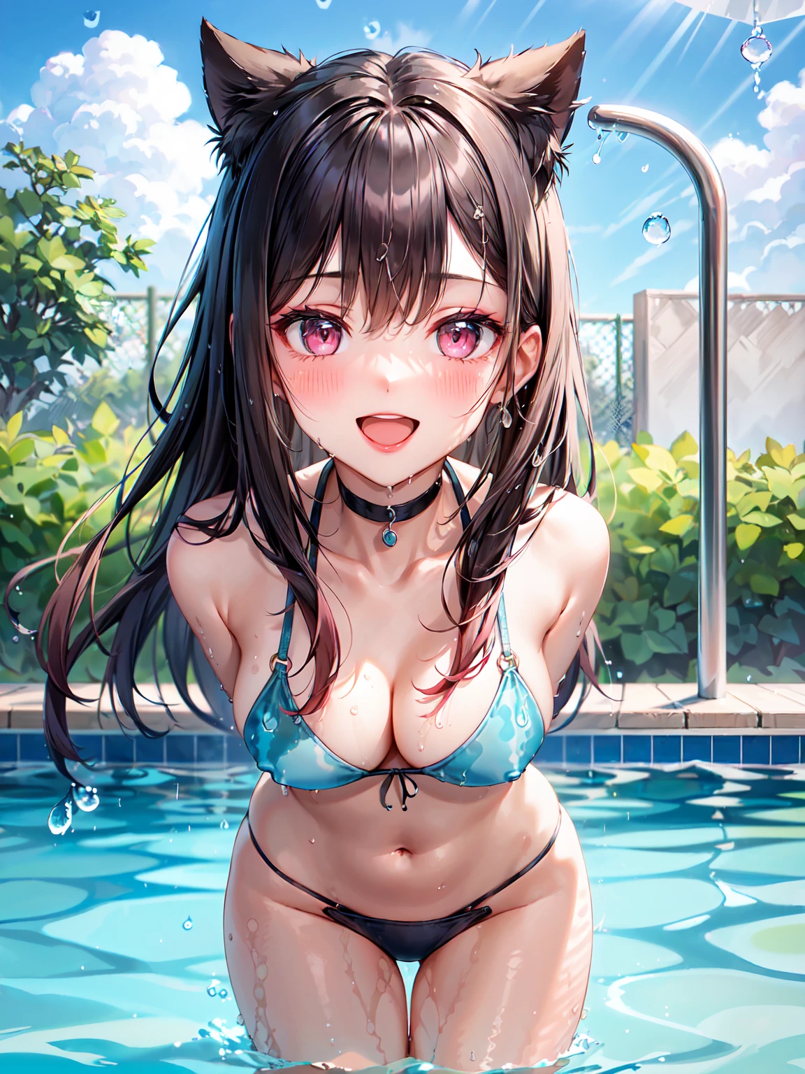 Masterpiece ,best quality , high resolution , (1 girl solo:1.38) , (kitagawa marin , blomde hair , long hair , pinkveyes , make up , earring , tail , slim) , (bare shoulder , bow , chocker , bikini , microbikini) , armband, thigh strap ) , (standing , (arms behind back:1.3) , ( leaning forward:1.25) ) , ( , (cleavage:1.3) , (medium breast:1.3) , (outdoor , swimming pool , water pool , sky , cloud ) , (droplet:1.3) , (water droplet in air:1.34) , ( full face blush , shy , smile , open mouth) , ( close view ) , (face viewer , look at the view , from top)