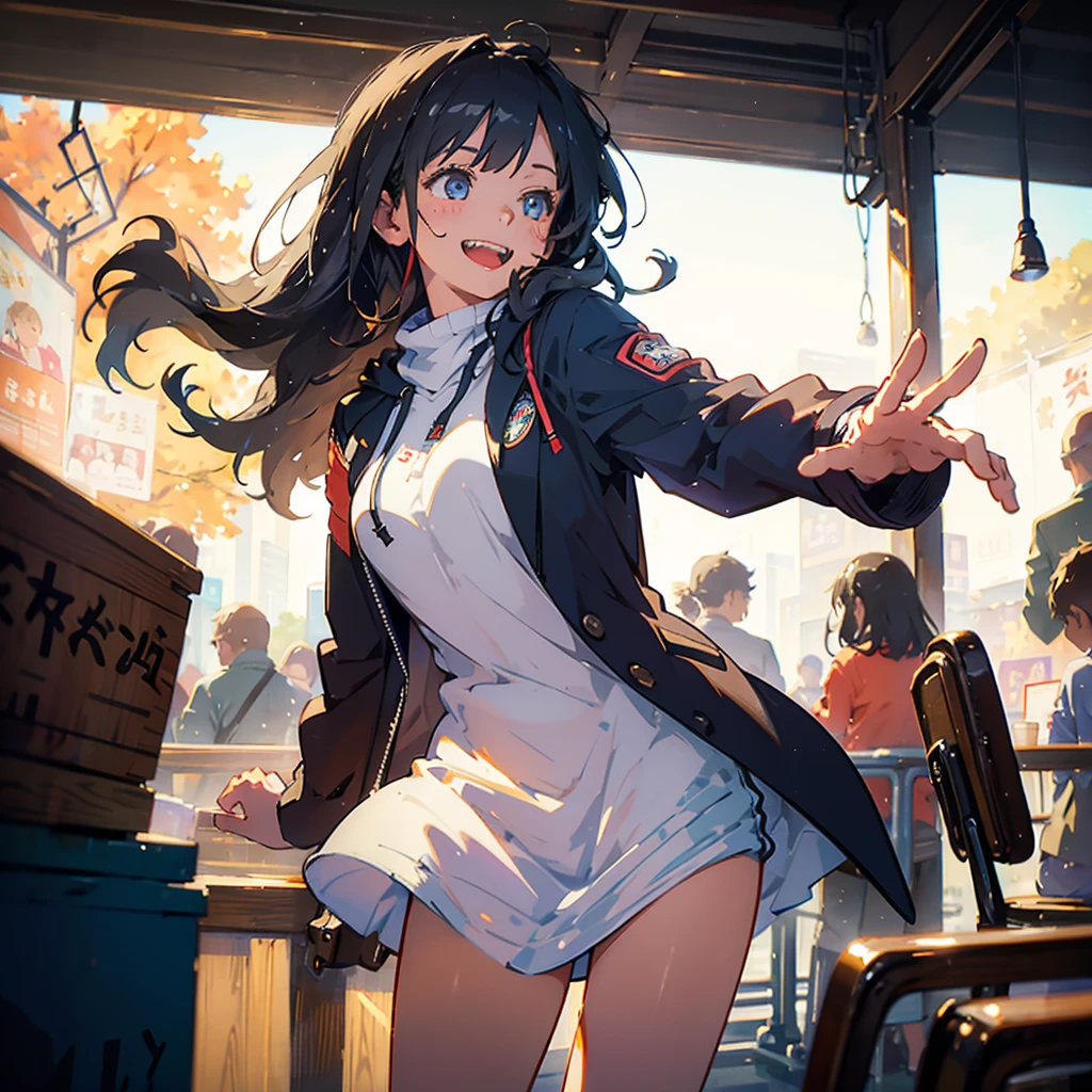 (masterpiece), (high resolution 8K), professional illustration, 1 girl, late teenage, standing, long shot, dutch angle, , blazer, hoody, shorts, medium hair, happy laughing, looking away, cafe in Tokyo, morning, natural lighting, high contrast, stunning face, symmetrical clear eyes, detailed eyes and face
