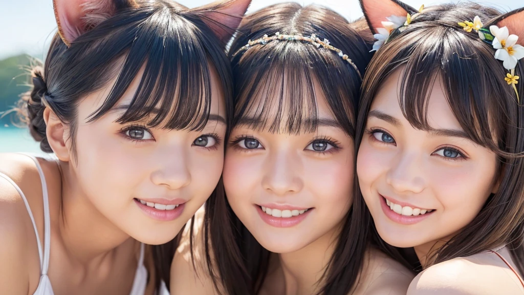 Three Girls、Classmate、A good friend、Pretty Girls、Girls having fun、(White sand beach、Tropical Beach)、(Swimwear、Detailed floral pattern、Detailed embroidery)、(smile、Perfect white teeth)、bangs、Short Hair、Cat ears headband、Slim body、Dynamic Angle、RAW Photos, (Highest quality、masterpiece、Realistic photo:1.2)、(Realistic:1.4)、Dramatic lighting、Pastel Color Palette、Promide Photos、Super detailed、Realistic skin texture、Beautiful eyes in every detail、Brown eyes、(Depth of written boundary、Detailed Background、The background is blurry:1.2)、