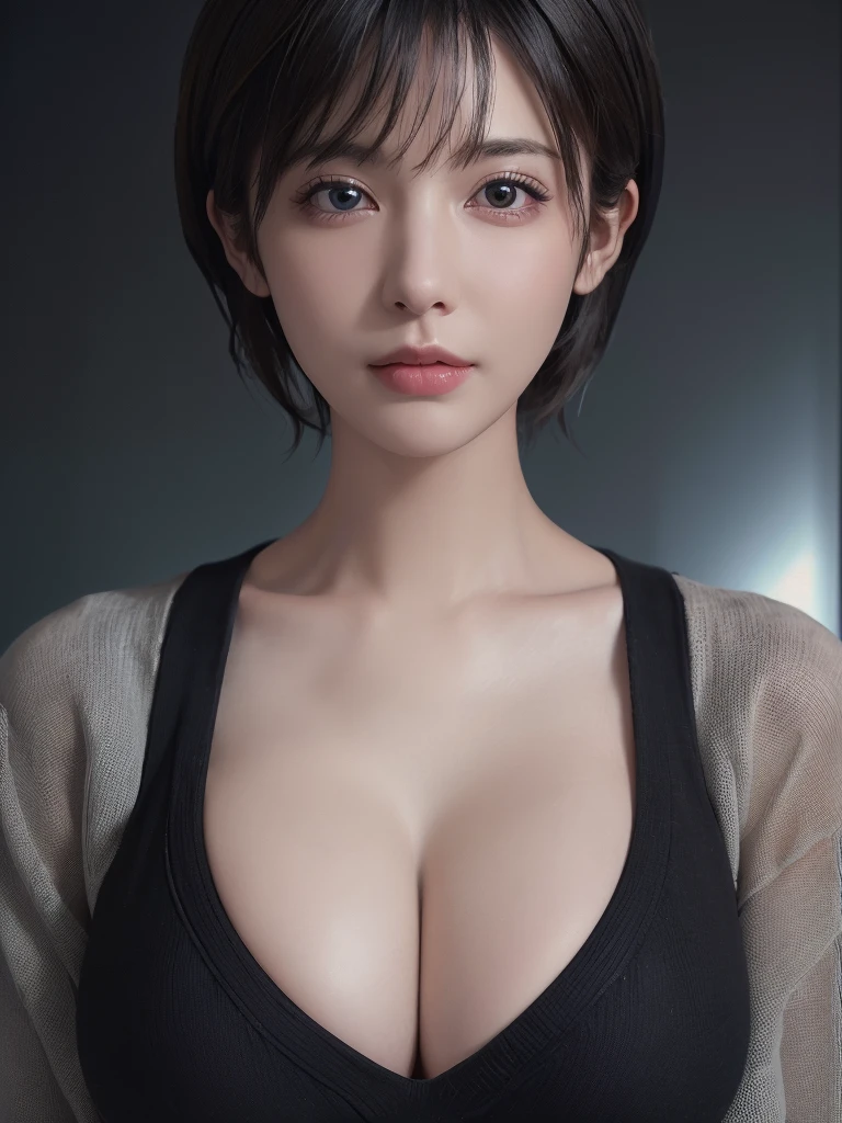 (masterpiece:1.3), (8K, Realistic, RAW Photos, Highest quality: 1.4), (One girl), Beautiful Face, (Realistic Face), (Black Hair, short hair:1.3), Beautiful hairstyle, Realistic eyes, Beautiful attention to detail, (Realistic Skin), Beautiful Skin, (sweater), Absurd, Charm, Ultra-high resolution, Ultra-realistic, Very detailed, Golden Ratio,(Huge boobs: 1.2),