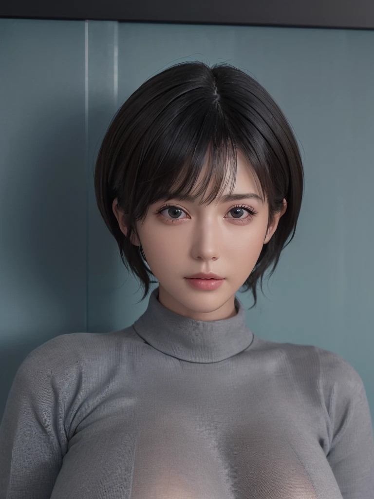 (masterpiece:1.3), (8K, Realistic, RAW Photos, Highest quality: 1.4), (One girl), Beautiful Face, (Realistic Face), (Black Hair, short hair:1.3), Beautiful hairstyle, Realistic eyes, Beautiful attention to detail, (Realistic Skin), Beautiful Skin, (sweater), Absurd, Charm, Ultra-high resolution, Ultra-realistic, Very detailed, Golden Ratio,(Huge boobs: 1.2),