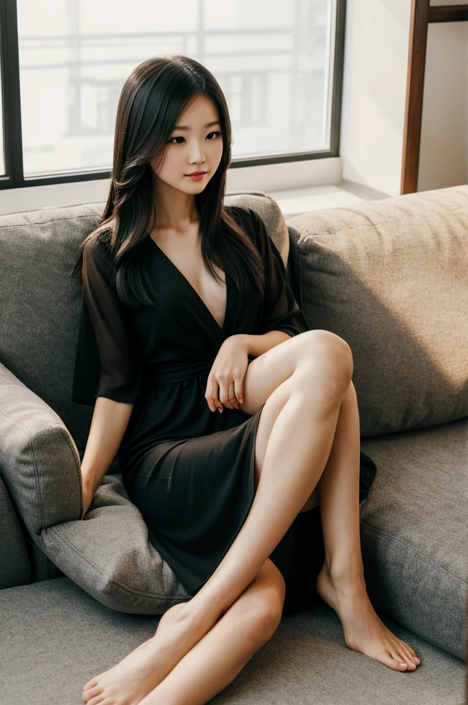 1girl in,Sitting on a cozy sofa,cross one's legs,Soft light,Chinese beauty,Black dress,A dark-haired,length hair