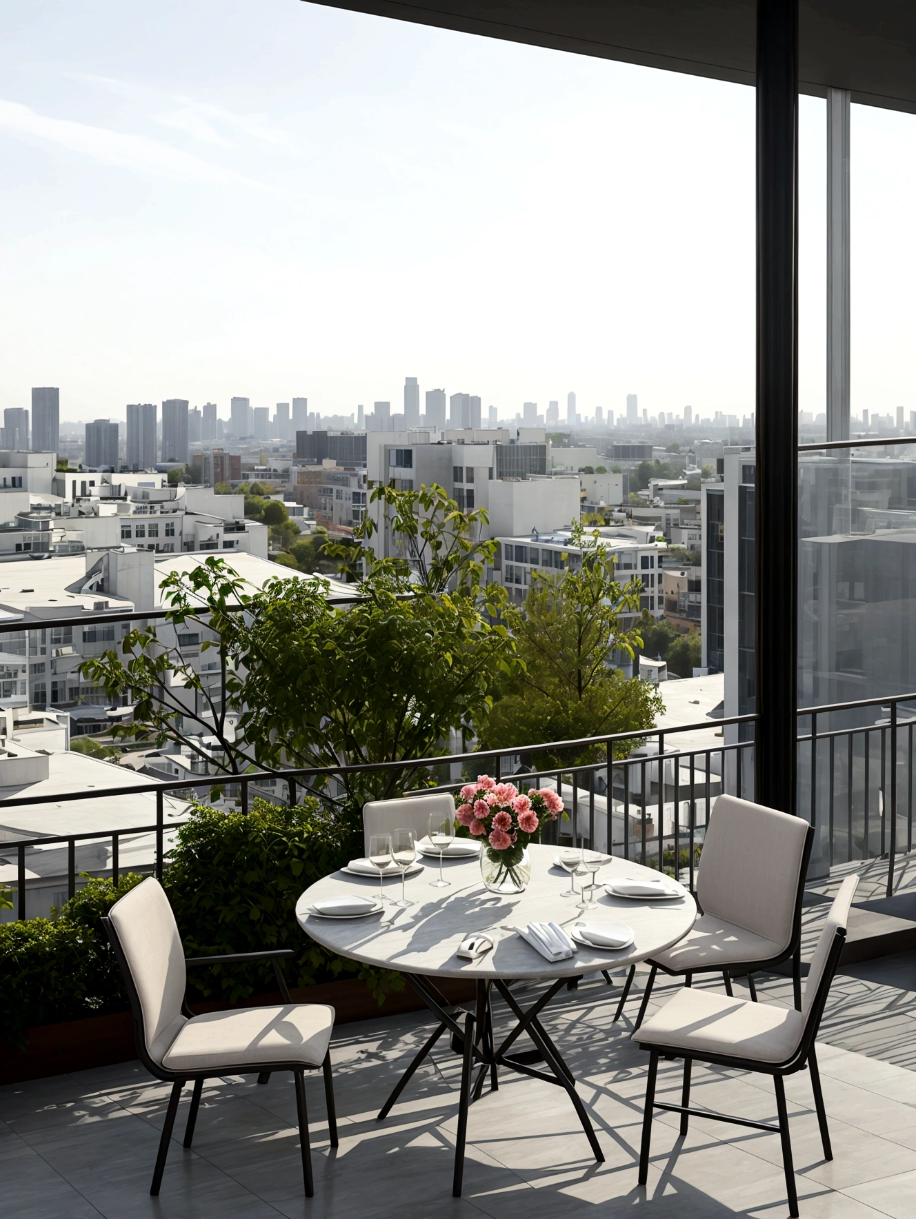 relaxation、Relaxing balcony、beautiful flower、High-class chairs、Exclusive tables、Distant view of the city 