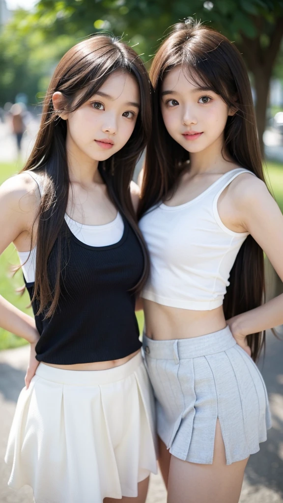 Very cute 11 year old twin girls、Long Hair、Tank top、Miniskirt, White Skin