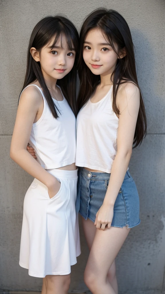 Very cute  twin girls、Long Hair、Tank top、Miniskirt, White Skin