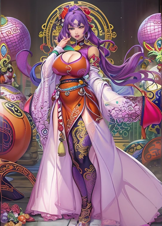 masterpiece, Highest quality, Highest quality, Realistic, Perfect Anatomy, Perfect Face, Perfect Eyes,Sensual Body、Glamour、Huge breasts、Cleavage、Curved waist、Big Ass、bikini、Metal Armor Translation, Side Lock, hit, single good, good, (Iris), orange pashmina wrap, red sphere earrings , Red Bracelet, Purple Chinese Dress, Sexy pose