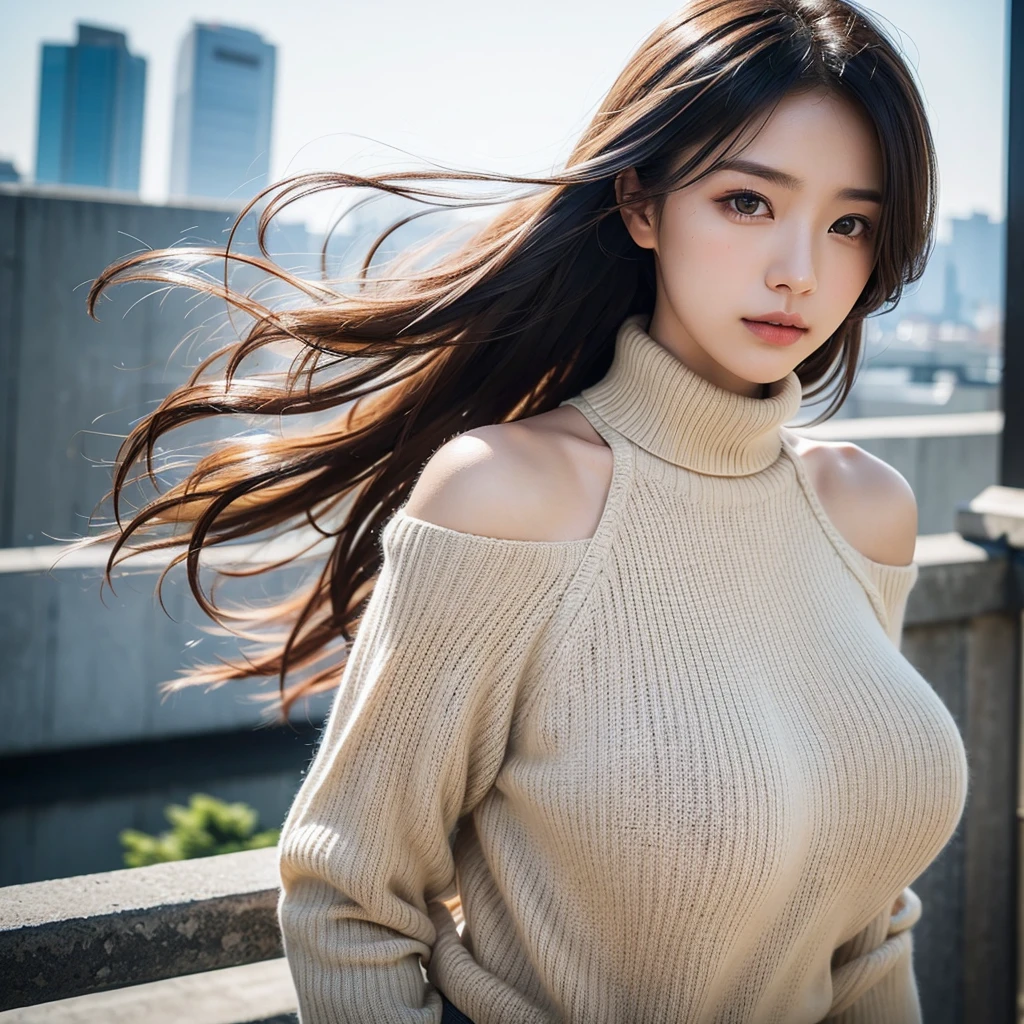 (huge tit、Turtleneck Knitwear、Shoulder bag)、(highest quality,masterpiece:1.3,超A high resolution,),(super detailed,caustics),(Photoreal:1.4,RAW shooting,)ultra-realistic capture,very detailed,High definition 16K for human skin、 Natural skin texture、、Skin looks even-toned and healthy、 Use natural light and color,one woman,25 years old Japanese,,cute,black haired,middle hair,(Depth of the bounds written、chromatic aberration、、wide range of lighting、natural shading、)、(hair swaying in the wind:1.2)、Tokyo cityscape