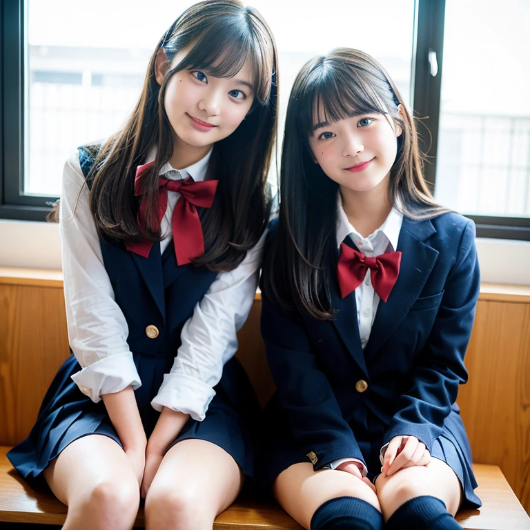 2 girls in classroom near window,navy blue blazer,white shirt with red bow tie,navy blue pleated skirt,navy blue knee-high socks,18-year-old,bangs,a little smile,thighs,knees,straight hair with barrette,from below,front-light