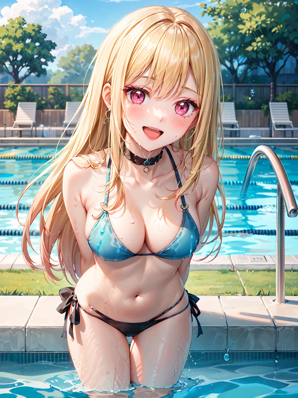 Masterpiece ,best quality , high resolution , (1 girl solo:1.38) , (kitagawa marin , blonde hair , long hair , pink eyes , make up , earring , tail , slim) , (bare shoulder , bow , chocker , bikini , microbikini) , armband, thigh strap ) , (standing , (arms behind back:1.3) , ( leaning forward:1.25) ) , ( , (cleavage:1.3) , (medium breast:1.3) , (outdoor , swimming pool , water pool , sky , cloud ) , (droplet:1.3) , (water droplet in air:1.34) , ( full face blush , shy , smile , open mouth) , ( close view ) , (face viewer , look at the view , from top)