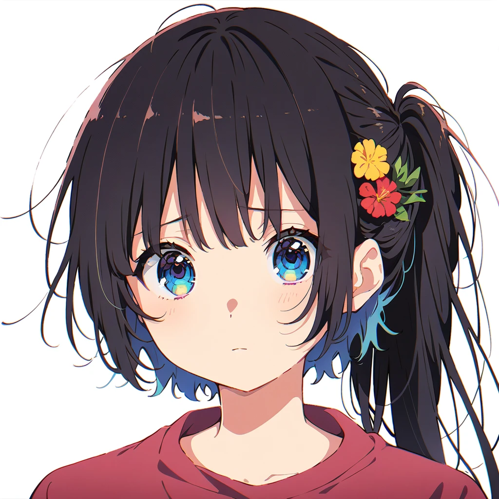 Masterpiece, Best quality, solo female, young girl, sister-like, blue eyes color, long ponytail hair, black color hair, sparkless eyes, depression eyes, hopeless expression, anxiety, messy , flower hairpin, frontal photo, anime, illustration, half body 