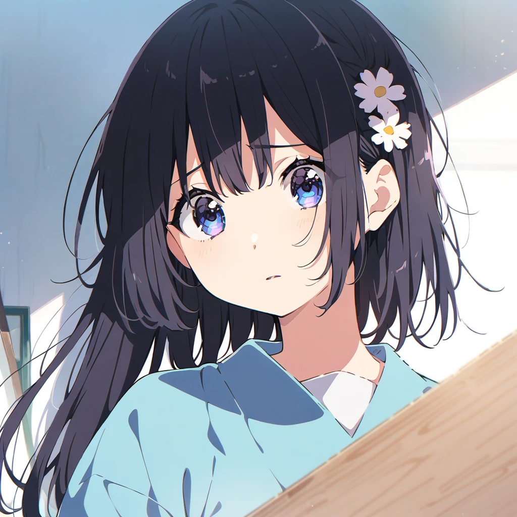 Masterpiece, Best quality, solo female, young girl, sister-like, blue eyes color, long ponytail hair, black color hair, sparkless eyes, depression eyes, hopeless expression, anxiety, messy , flower hairpin, frontal photo, anime, illustration, half body