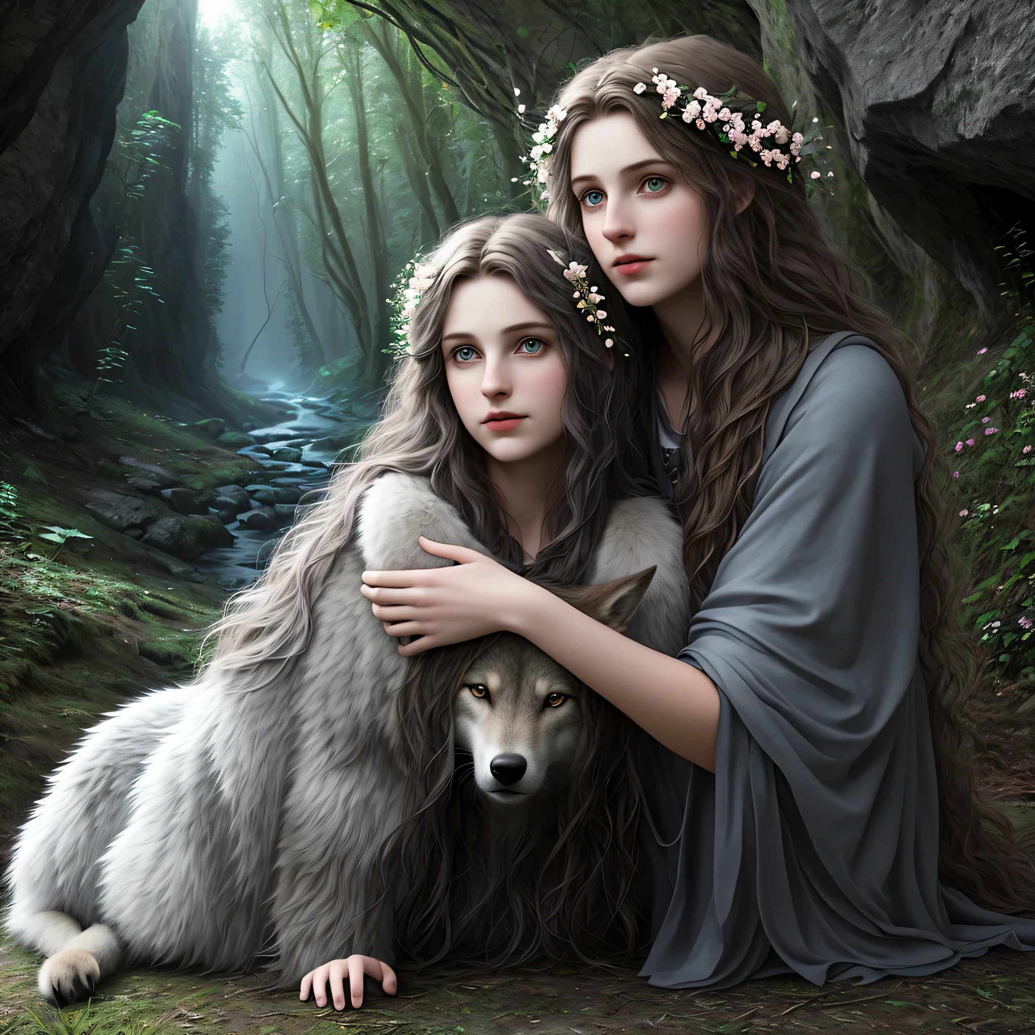 (Beautiful druid girl:1.3) Hugging a Wolf (Extremely detailed CG 8k unity wallpaper,work of art, best qualityer, ultra detali, beautiful detailed eyes:1.2),better lighting, (best shade, extremely delicate and beautiful, blossom), work of art, best qualityer:1.1, realisitic:1.3, cinematic lighting:1.2, in the dark cave:1.5, ultra photoreal, photorealisitic:1.0, sharp focus:
