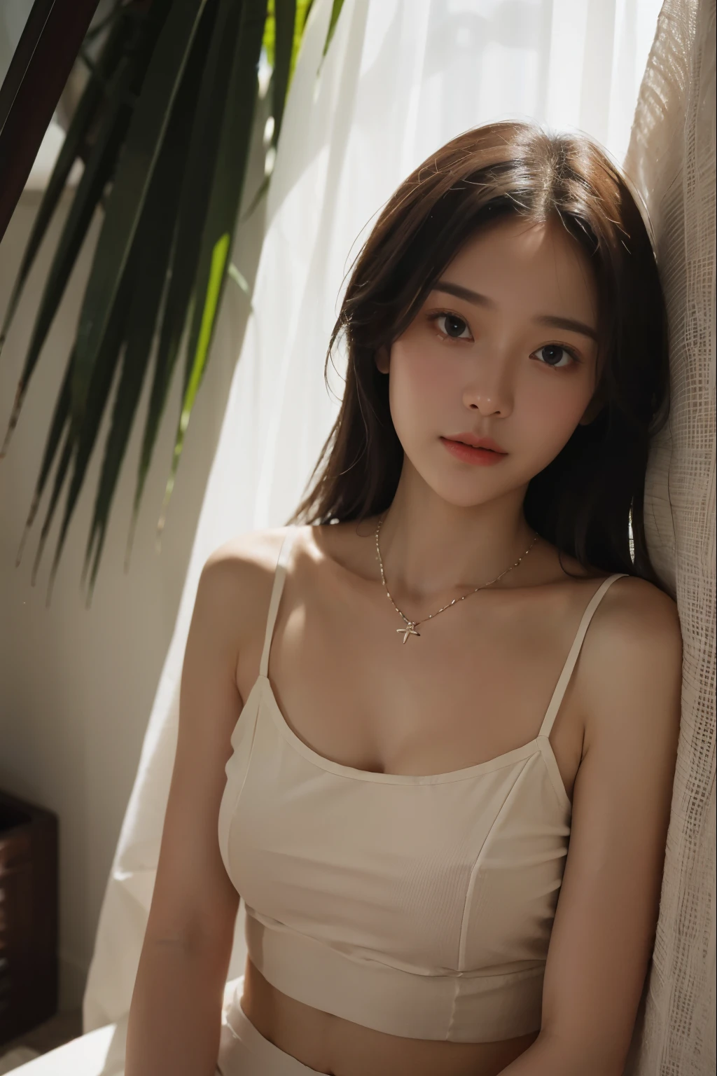 best quality best，original，masterpiece，ultra high resolution，sweet girl，draped with hair，necklace necklace，camisole，medium chest，Hawaii，coconut palm，healed