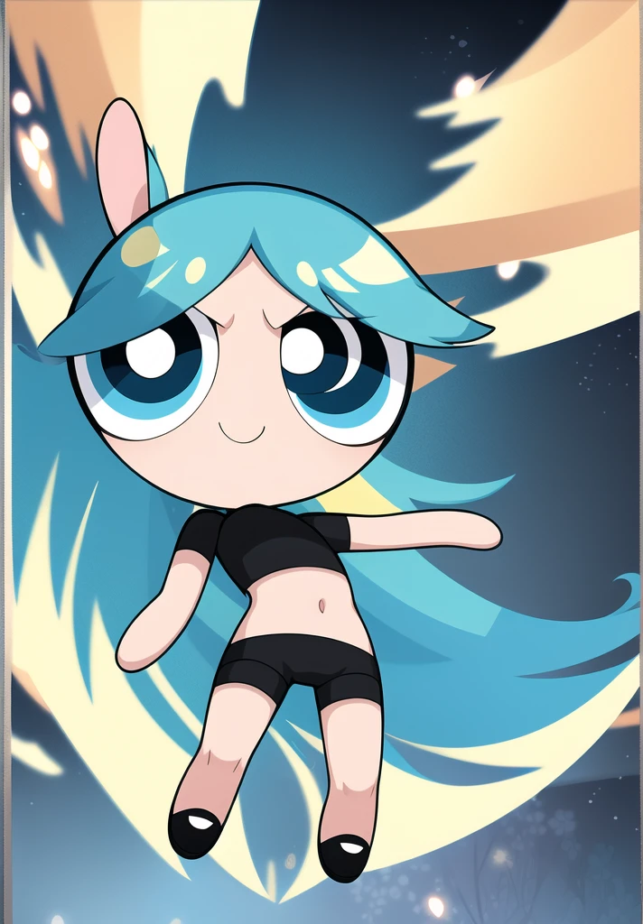 blue azure hair, long hair, smile, chibi, full body,1girl, yellow eyes , Black short-sleeved shirt showing off your stomach, black shorts
