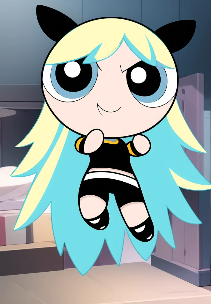 blue azure hair, long hair, smile, chibi, full body,1girl, yellow eyes , Black short-sleeved shirt showing off your stomach, black shorts
