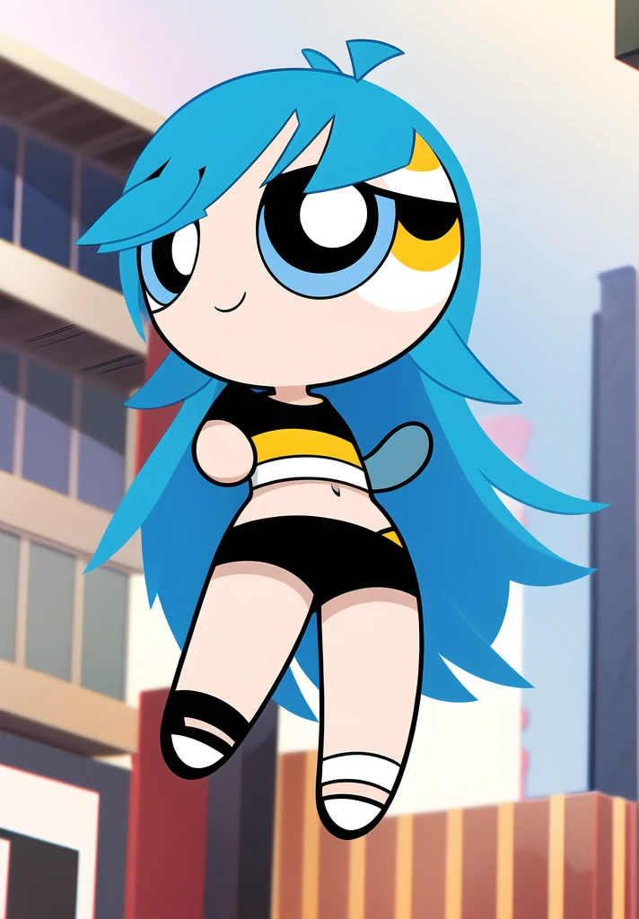 blue azure hair, long hair, smile, chibi, full body,1girl, yellow eyes , Black short-sleeved shirt showing off your stomach, black shorts
