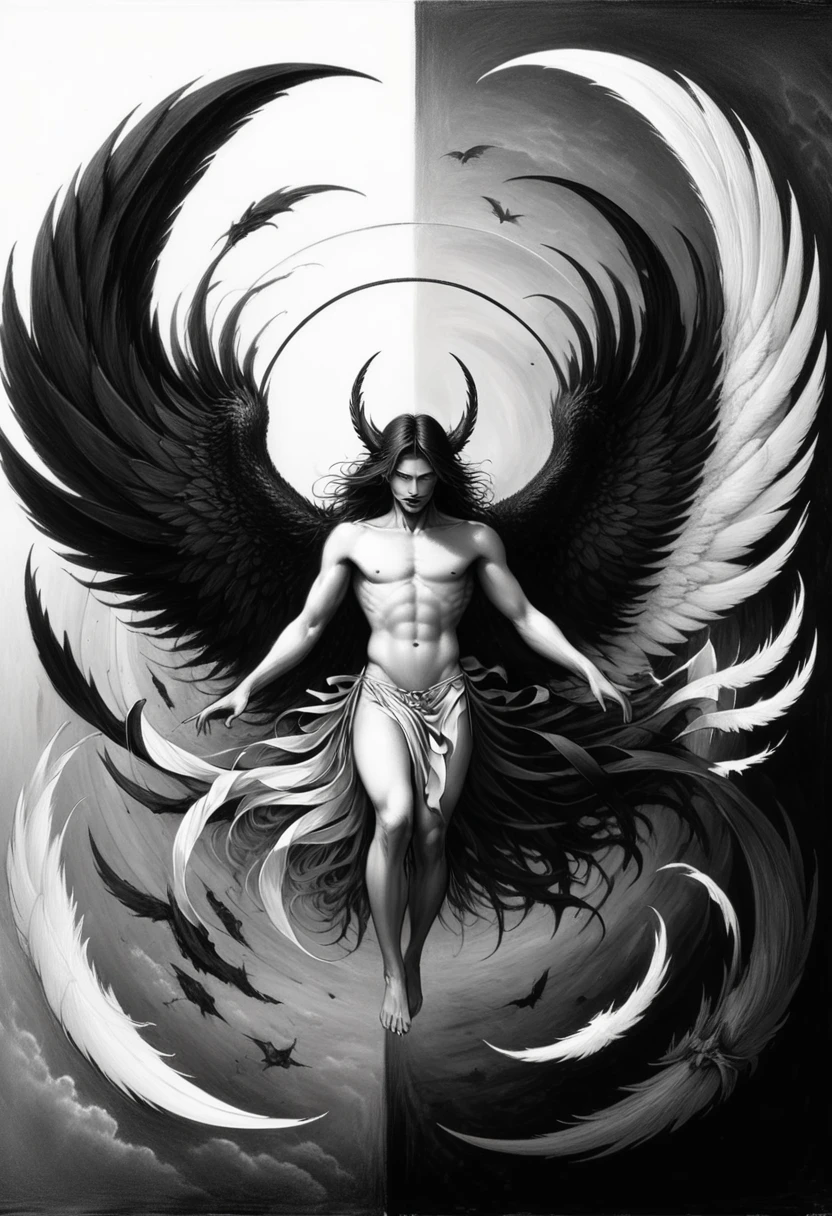 A painting of dark fallen angel Lucifer surrounded by dark wings, black and white Möbius strip, spinning and tumbling white wings and dark angels, deathcore style, layered image with subtle irony, Himalayan art