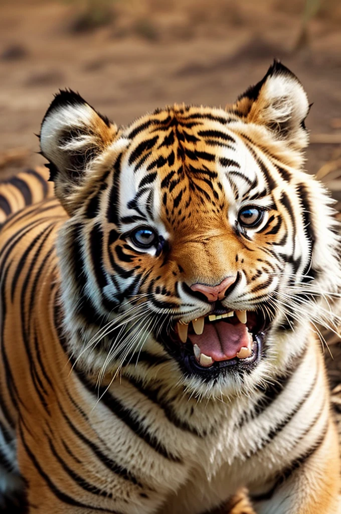 This is a digital illustration of an adorable  tiger cub with braces. The cub has large, expressive eyes and a wide, cheerful smile that showcases a full set of braces on its teeth. The image is likely intended to be cute and humorous.