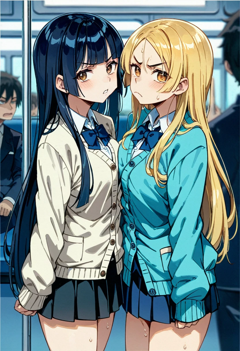 2girls,{{{white cardigan,black mini skirt}}{{gokou ruri,blonde hair,long hair{{yellow eyes}}{{white cardigan,black mini skirt,red bowtie}},{{upper memory,dark hair,long hair{brown eyes},{{blue cardigan,black mini skirt,Blue tie}}}},People Girls,Frowning,,Starring each other,Face to face,Medium chest,Medium chest,Glaring at each other,Glaring at each other,Mouth half open,sweaty,Breast Matching,blurry background,little angry,{{symmetrical_docking}}Mouth half open,sweaty,blurry background,little angry,{{symmetrical_docking}},{{in train interior}}