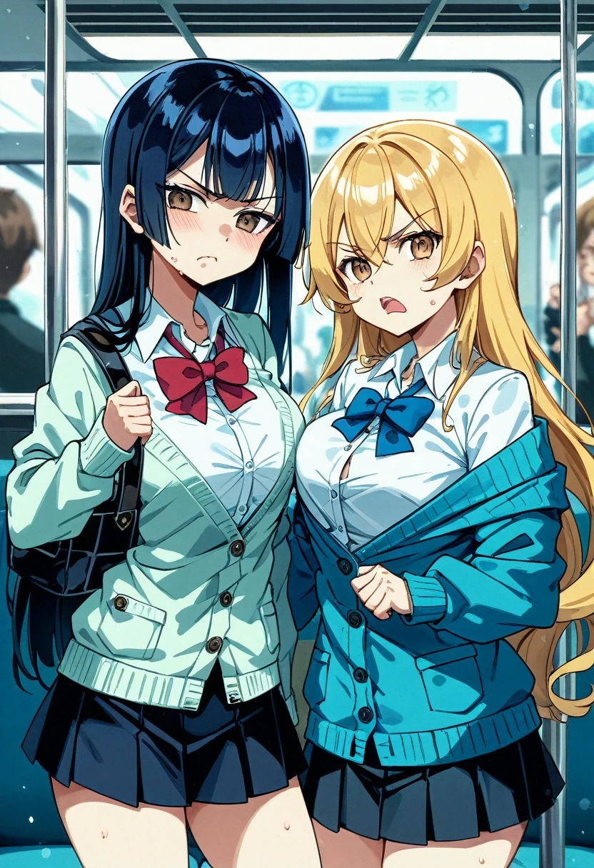2girls,{{{white cardigan,black mini skirt}}{{gokou ruri,blonde hair,long hair{{yellow eyes}}{{white cardigan,black mini skirt,red bowtie}},{{upper memory,dark hair,long hair{brown eyes},{{blue cardigan,black mini skirt,Blue tie}}}},People Girls,Frowning,,Starring each other,Face to face,Medium chest,Medium chest,Glaring at each other,Glaring at each other,Mouth half open,sweaty,Breast Matching,blurry background,little angry,{{symmetrical_docking}}Mouth half open,sweaty,blurry background,little angry,{{symmetrical_docking}},{{in train interior}}