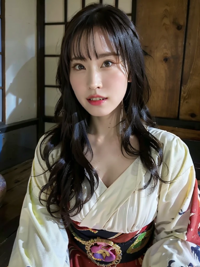 (Highest quality、8K、32k、masterpiece)、(masterpiece, Latest,Exceptional:1.2), anime, One Girl,Front hair,black_hair, 美しい8Kの目,Looking_in_audience,One person in,Are standing,((Very beautiful woman, Fuller lips, Japanese pintern kimono))、((Colorful Japanese kimono)))、(((Medium Shot)))、blunt bungs、(High resolution)、Very beautiful face and eyes、1 Girl 、Round and small face、Tight waist、delicine body、(Highest quality high detail Rich skin details)、(Highest quality、8K、Oil paints:1.2)、Very detailed、(Realistic、Realistic:1.37)、Bright colors、(((blackhair)))、(((longhair)))、(((cowboy pictures)))、((( Inside old Japanese house)))、(masterpiece, Highest quality, Highest quality, Official Art, beautifully、beautiful:1.2), (One Girl), Very detailedな,(Fractal Art:1.3),colorful,Most detailed,Sengoku period(High resolution)、Very beautiful face and eyes、1 Girl 、Round and small face、Tight waist、Delicine body、(Highest quality high detail Rich skin details)、(Highest quality、8K、Oil paints:1.2)、(Realistic、Realistic:1.37)、By Greg Rutkowski:Alphonse Mucha Ropp, pink lip