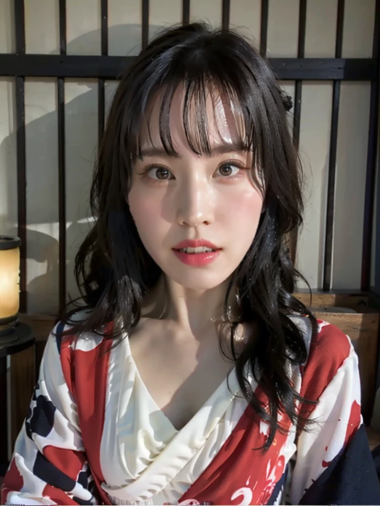 (Highest quality、8K、32k、masterpiece)、(masterpiece, Latest,Exceptional:1.2), anime, One Girl,Front hair,black_hair, 美しい8Kの目,Looking_in_audience,One person in,Are standing,((Very beautiful woman, Fuller lips, Japanese pintern kimono))、((Colorful Japanese kimono)))、(((Medium Shot)))、blunt bungs、(High resolution)、Very beautiful face and eyes、1 Girl 、Round and small face、Tight waist、delicine body、(Highest quality high detail Rich skin details)、(Highest quality、8K、Oil paints:1.2)、Very detailed、(Realistic、Realistic:1.37)、Bright colors、(((blackhair)))、(((longhair)))、(((cowboy pictures)))、((( Inside old Japanese house)))、(masterpiece, Highest quality, Highest quality, Official Art, beautifully、beautiful:1.2), (One Girl), Very detailedな,(Fractal Art:1.3),colorful,Most detailed,Sengoku period(High resolution)、Very beautiful face and eyes、1 Girl 、Round and small face、Tight waist、Delicine body、(Highest quality high detail Rich skin details)、(Highest quality、8K、Oil paints:1.2)、(Realistic、Realistic:1.37)、By Greg Rutkowski:Alphonse Mucha Ropp, pink lip